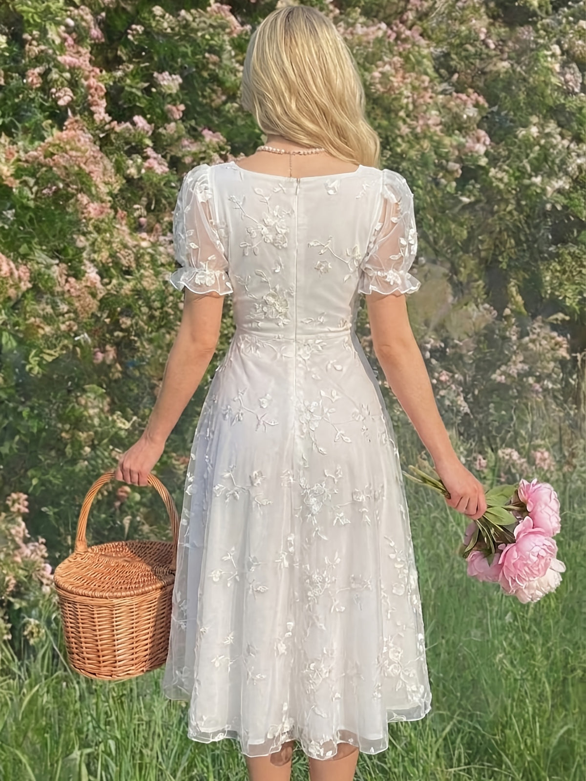 French-Style Pastoral Sweet Mesh Solid Color Maiden Dress - White