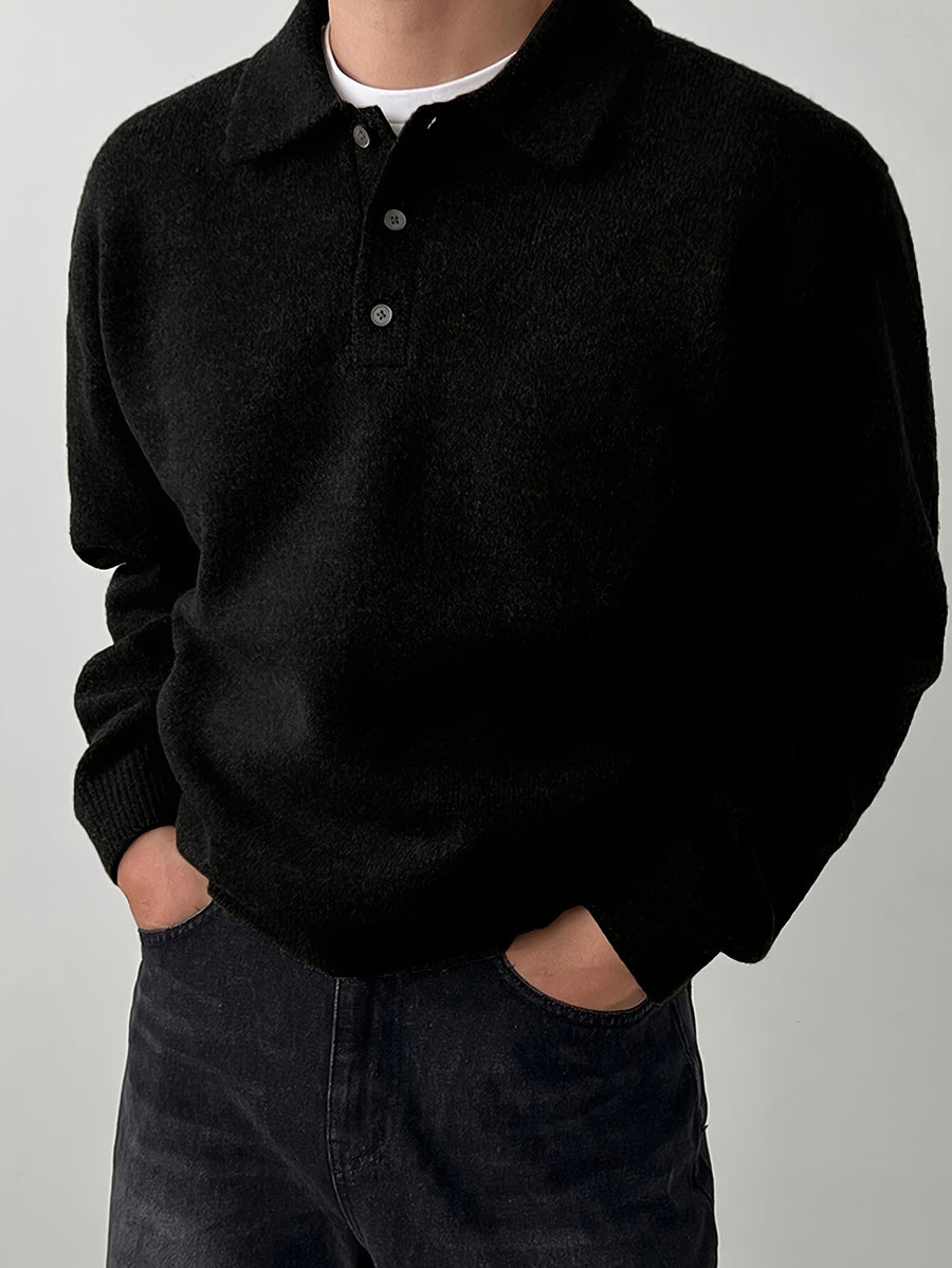 Men's POLO Collar Sweater for Autumn/Winter, Lazy-Style High-End Winter Pullover, Inner Layer Base Top, Lapel Knit Outerwear, Thick Jacket - Black