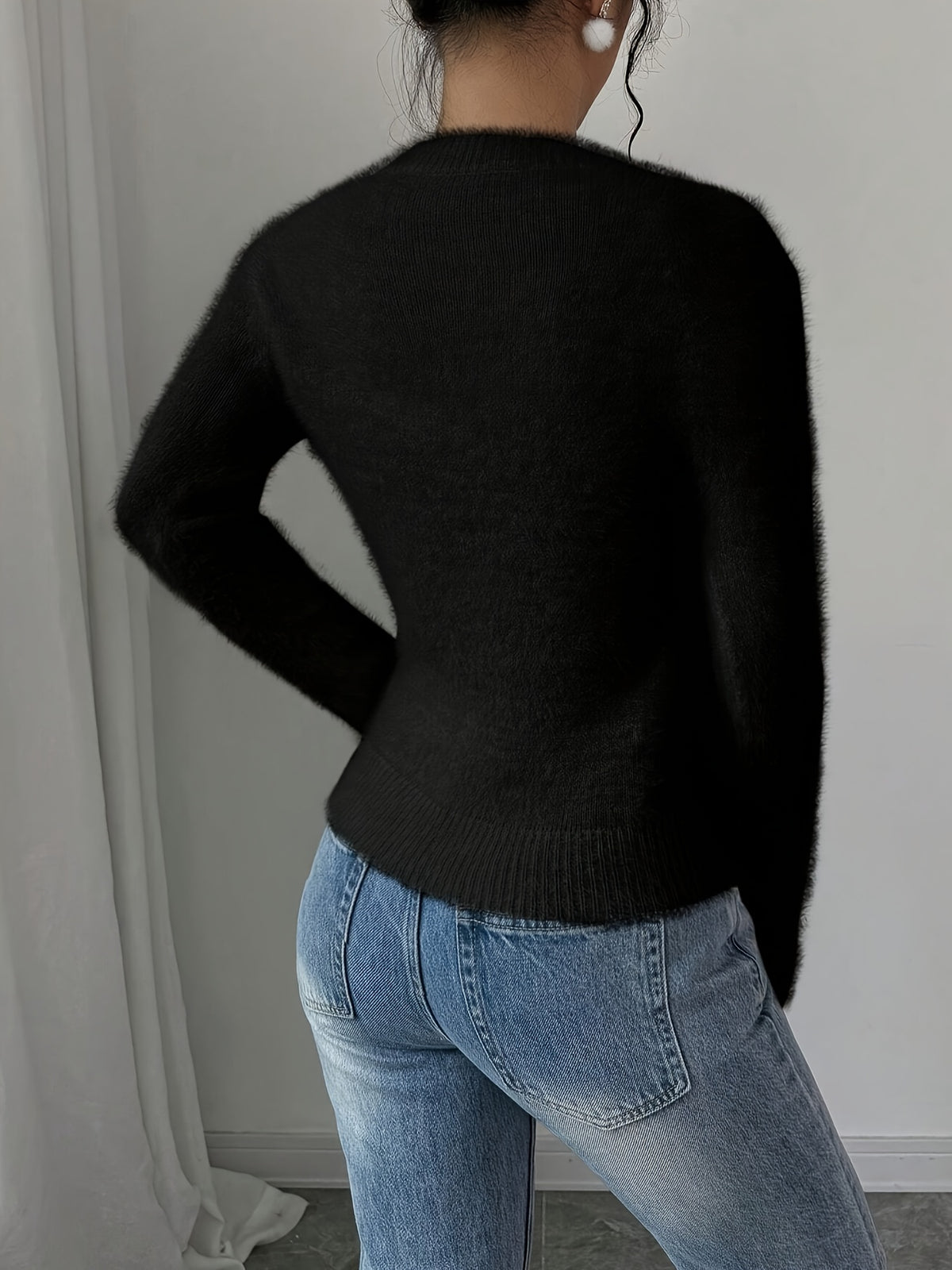 Elegant Women'S Autumn Winter Round Neck Faux Fox Pullover - Black