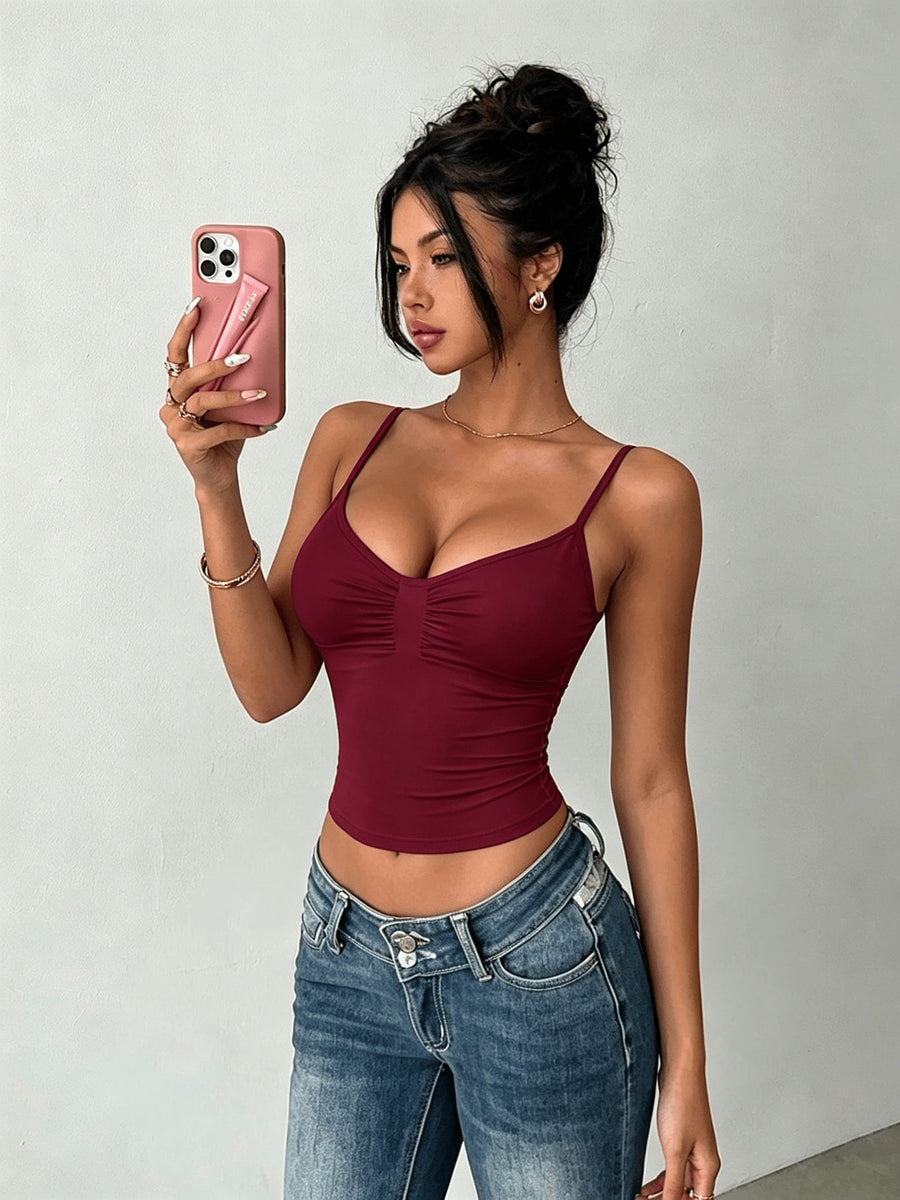 Women's Solid Color Pleated Slim Fit Casual Camisole Tank Top - Burgundy