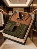 [Pearson OBM] Contrast Collar Half-Zipper Men'S Vertical Striped Long Sleeve Knit Sweater, Elbow Patch Casual Elastic Slim Commute All-Match Fall Top - Olive Green