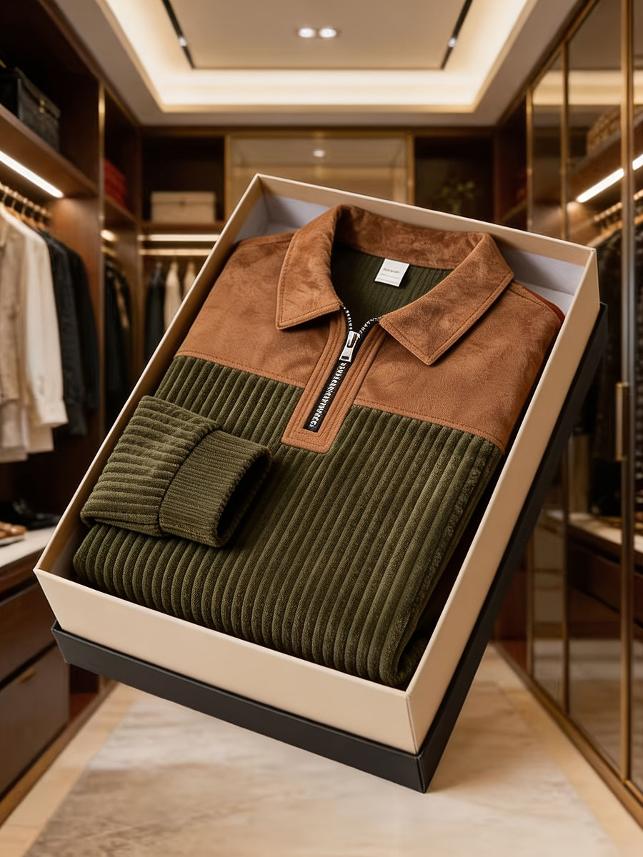 [Pearson OBM] Contrast Collar Half-Zipper Men'S Vertical Striped Long Sleeve Knit Sweater, Elbow Patch Casual Elastic Slim Commute All-Match Fall Top - Olive Green