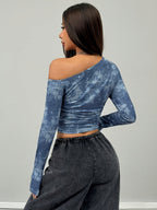 Women'S Top, Casual Wear Stretchy Comfortable Asymmetrical Neck Long Sleeve Blouse - Sky Blue