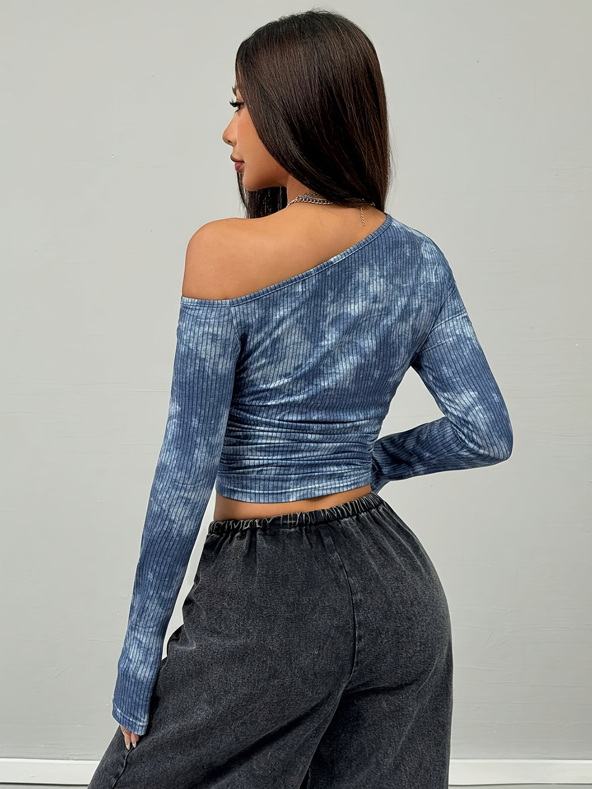 Women'S Top, Casual Wear Stretchy Comfortable Asymmetrical Neck Long Sleeve Blouse - Sky Blue