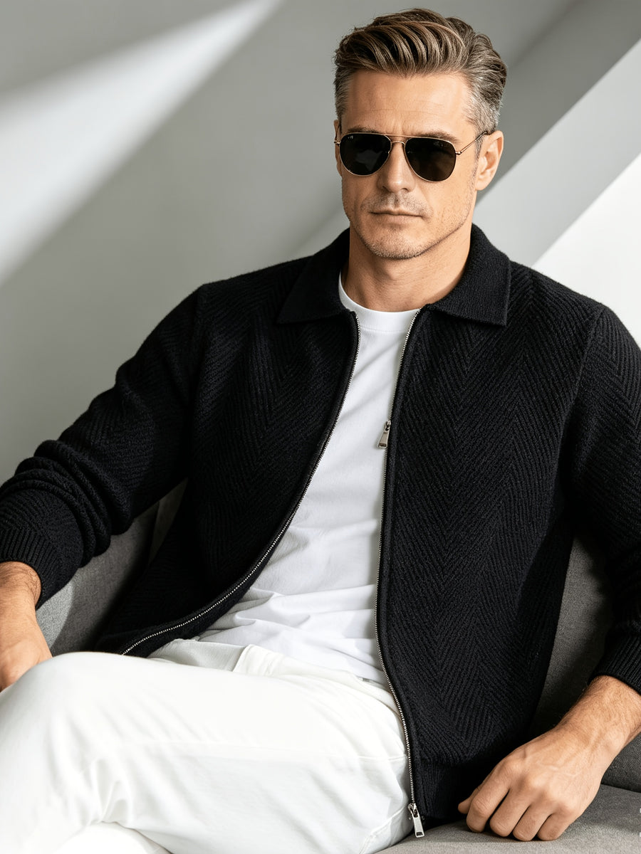 Business Mature Casual Men'S Lapel Full-Zip Knit Cardigan, Ribbed Cuffs And Hem Fitted Long Sleeve Knit Jacket, Suitable for Daily, Office, And Weekend Wear in Autumn And Winter - Black