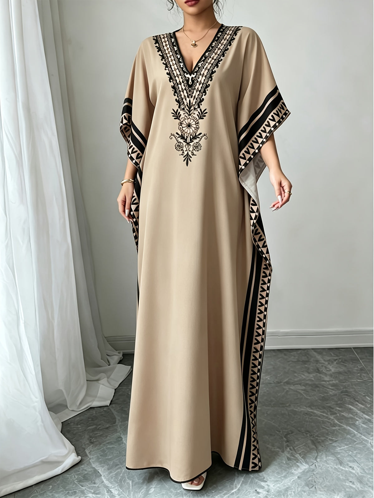 Elegant Middle Eastern Style V-Neck Batwing Sleeve Turkish Robe Dress - Long Loose Side Slit Design, Machine Washable for Spring Summer Fall Casual And Formal Wear, Tassel Fabric Soft And Breathable, Bohemian Vacation Style - Camel