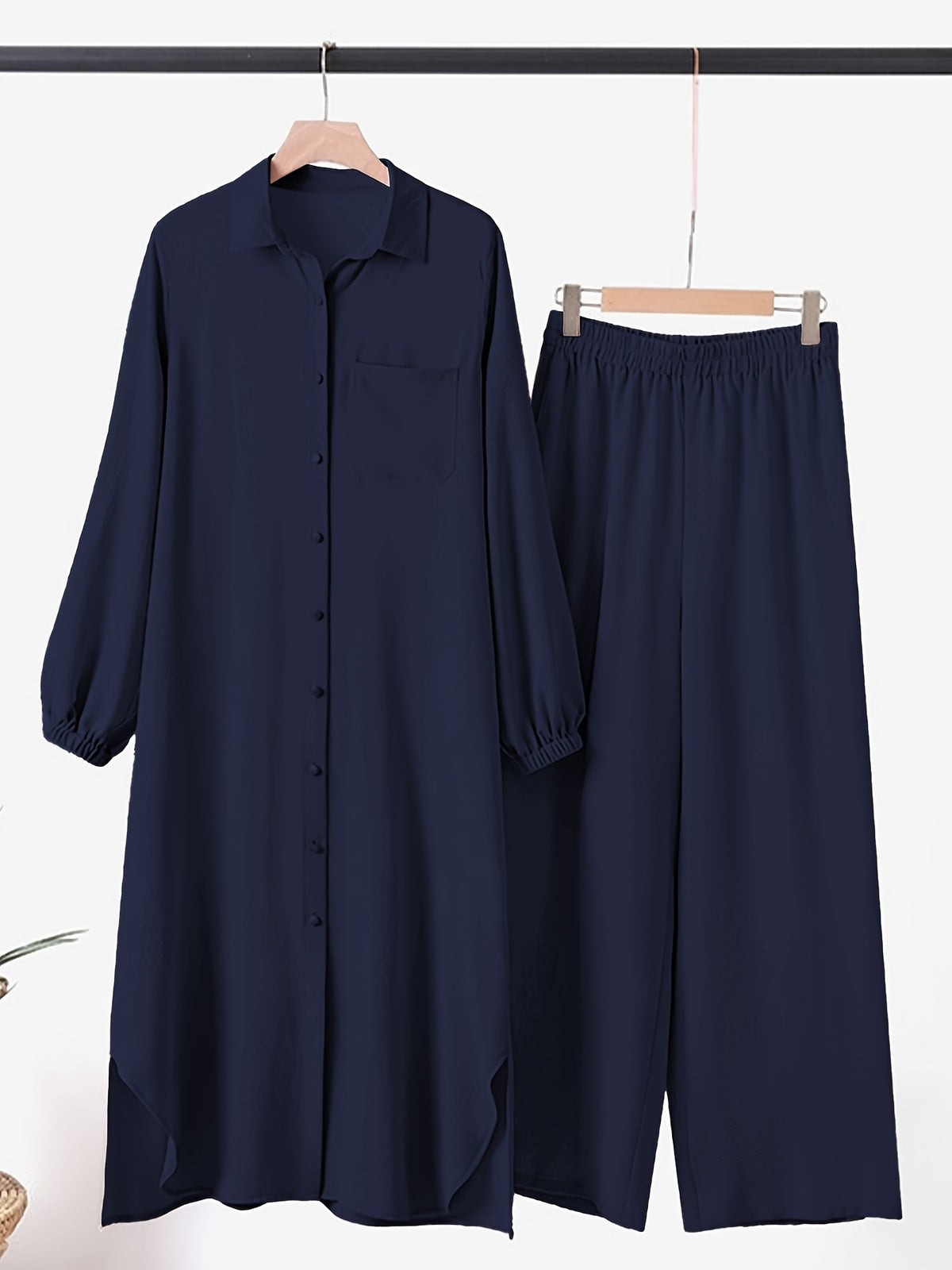 New Arabian 2pcs Abaya Set - Women'S Elegant Multi-Button Solid Color Long Sleeve Wide-Leg Trousers Without for Ramadan Spring Autumn Daily Commute - Navy Color