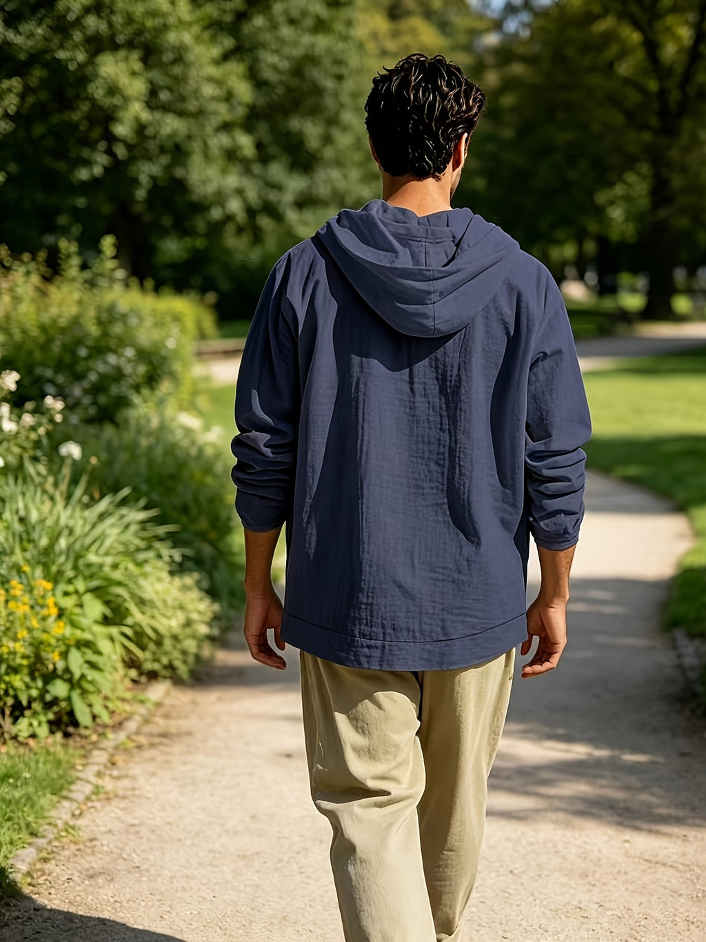 New Arrival: American Style Loose-Fit Men's Linen Casual Minimalist Trendy Hooded Long-Sleeve Shirt - Navy Color
