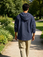 New Arrival: American Style Loose-Fit Men's Linen Casual Minimalist Trendy Hooded Long-Sleeve Shirt - Navy Color