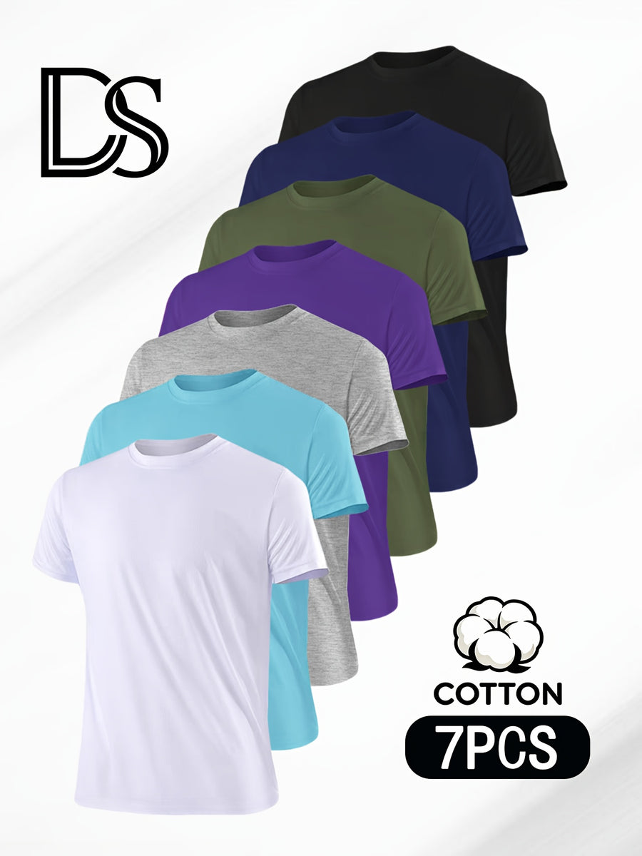 7pcs Men's Pure Crew Neck Short Sleeve T-Shirts, Unisex Basic Short Sleeve Tops, Matching Couple's Style, Comfortable, Soft, Breathable, and Sweat-Wicking, Suitable for Layering or Wearing Alone, Ideal for Sports, Outdoor, Casual, and Commuting - Mixed Color 1
