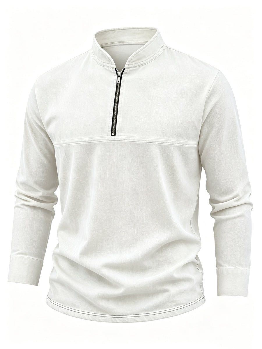 Men's Linen Long Sleeve Henley Shirt Stand Collar Loose Polo Shirt Men's Linen Zipper Casual Shirt - White
