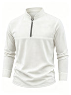 Men's Linen Long Sleeve Henley Shirt Stand Collar Loose Polo Shirt Men's Linen Zipper Casual Shirt - White