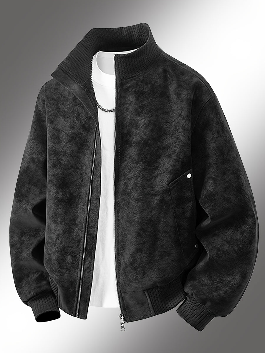 Men'S Vintage Jacket, High Collar Ribbed Zipper American Casual Distressed Short Jacket, Suitable for Daily Work Wear - Black