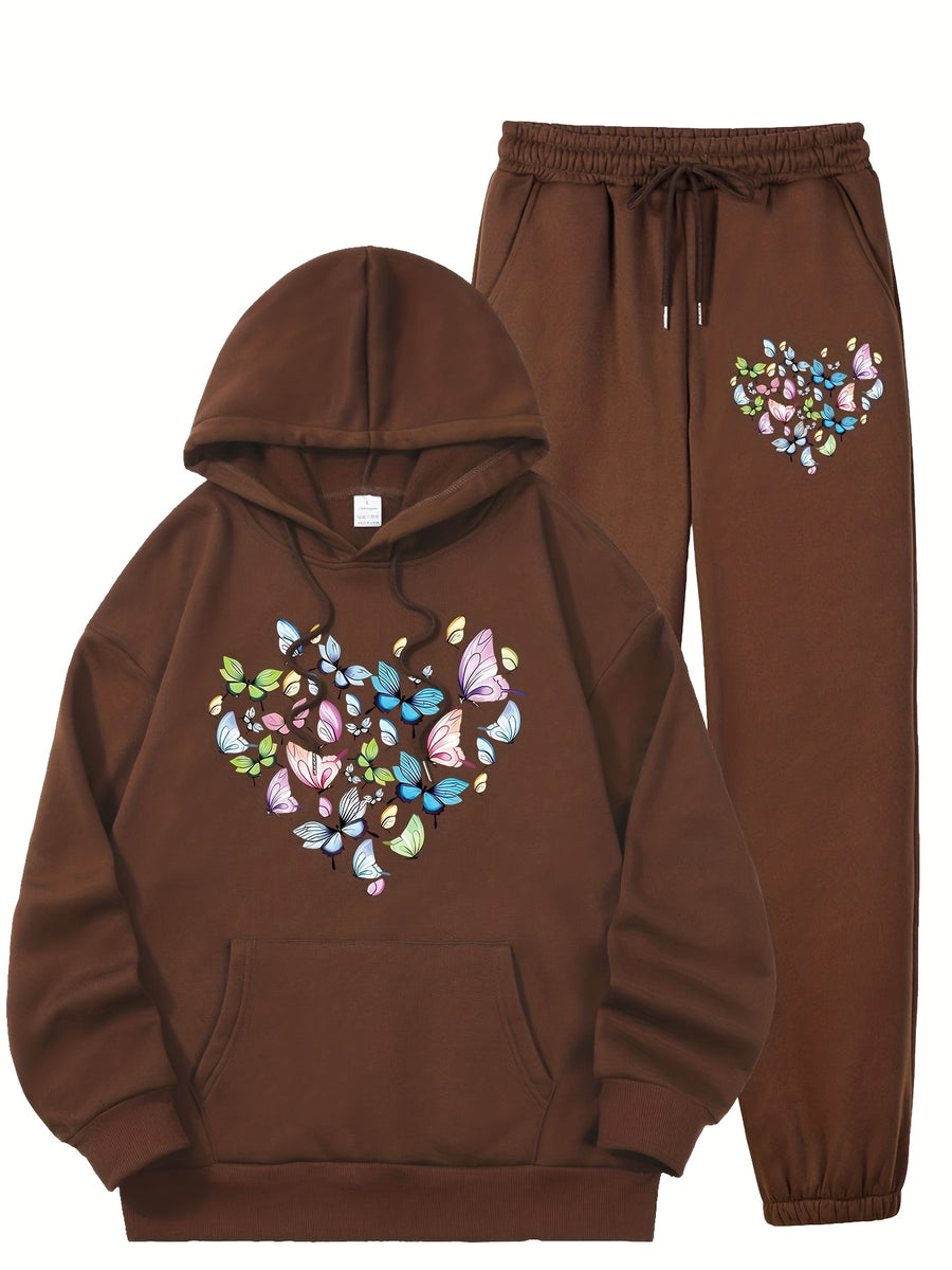 Butterfly Heart Print Hoodie And Pants Set, Casual Long Sleeve Hoodie And Jogger Set, Women'S Hooded Pocket Outfit - Coffee Color