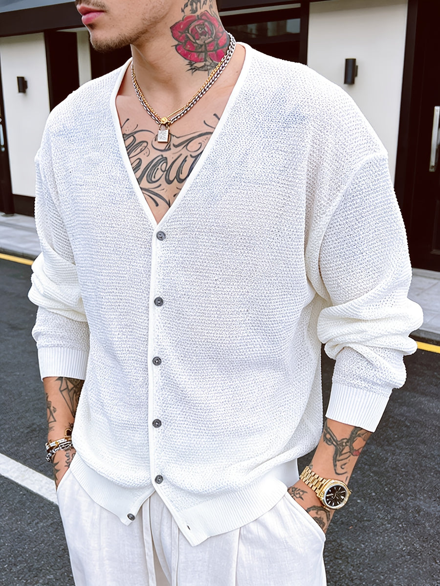 Men's Hollow-Knit V-Neck Cardigan Top, Unisex Summer Outerwear Suitable for Vacation, Fashion, Casual, and Commuting - White