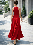 2026 New Women's Elegant Socialite Style Halter Neck High Slit Sleeveless A-Line Evening Gown, Wedding Bridesmaid Banquet Party Long Dress - Red