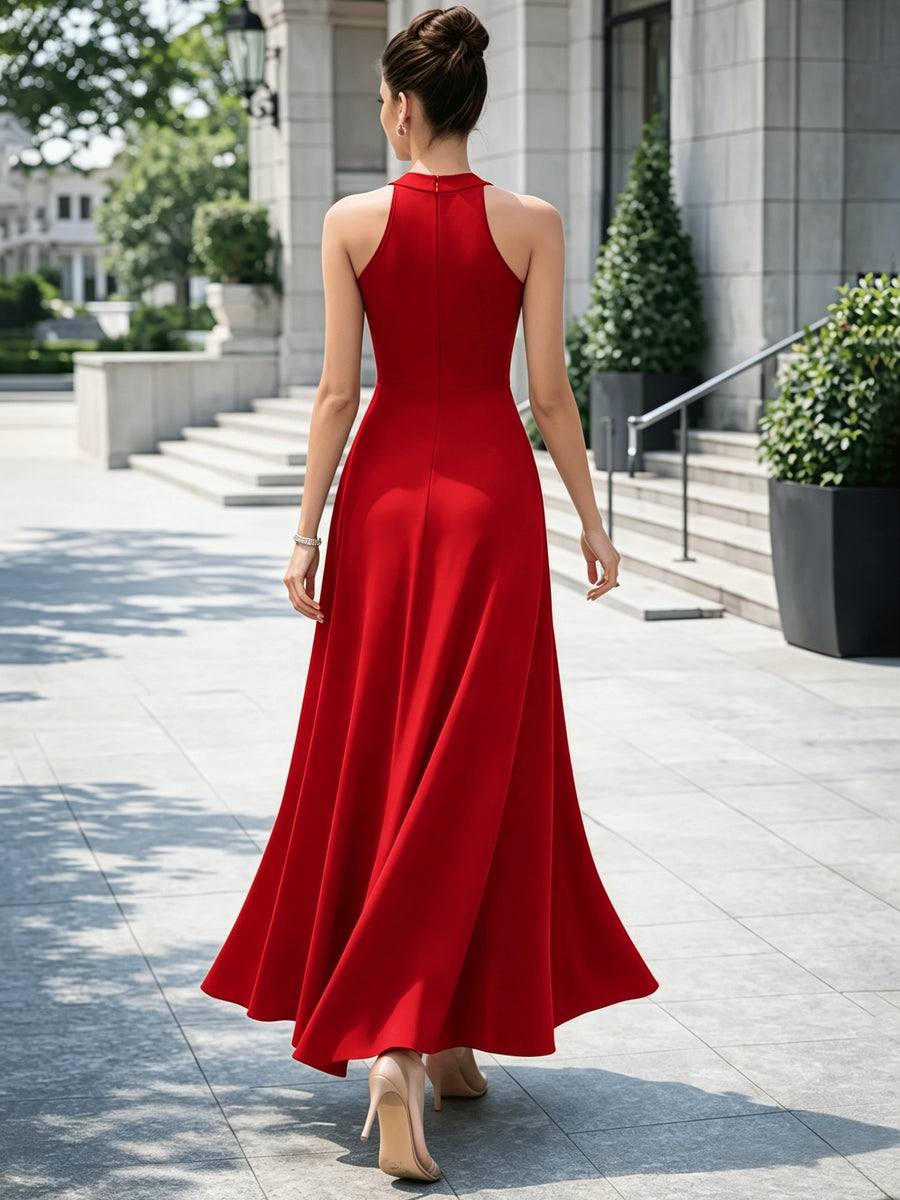 2026 New Women's Elegant Socialite Style Halter Neck High Slit Sleeveless A-Line Evening Gown, Wedding Bridesmaid Banquet Party Long Dress - Red