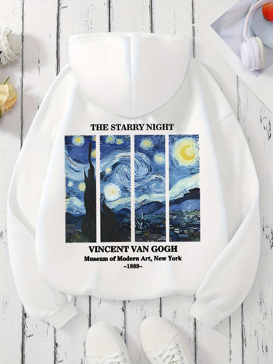 Women'S Autumn Winter All-Match Casual Hooded Sweatshirt, Starry Night Van Gogh Art Print Fashion Comfortable Jacket - White