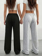 2pcs Women's Casual Wide-Leg Pants, Elastic Waistband - Loose-Fit Medium-Stretch Fabric, Machine Washable, Spring/Summer/Autumn Casual Wear, Jogging, Home Wear Medium-Stretch Trousers - Black+Light Grey