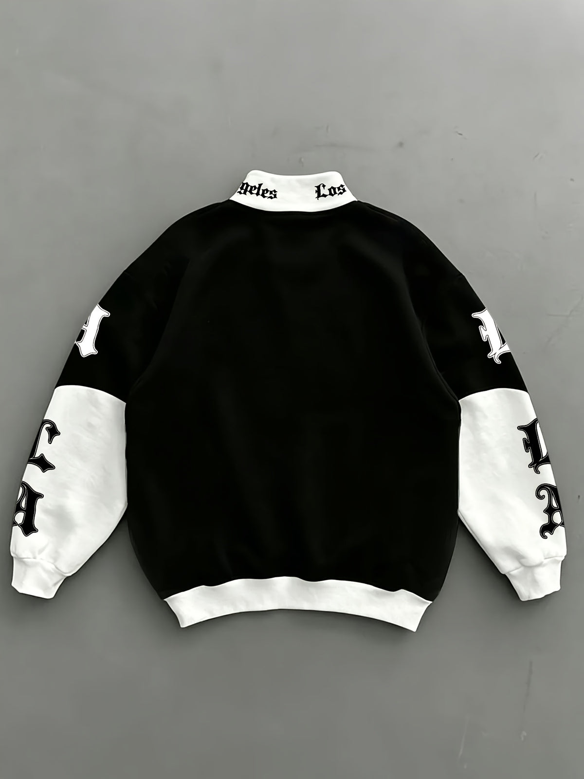 Los Angeles City Theme Print Black And White Contrast Patchwork Zipper Stand-Up Collar Pullover Sweatshirt - Black