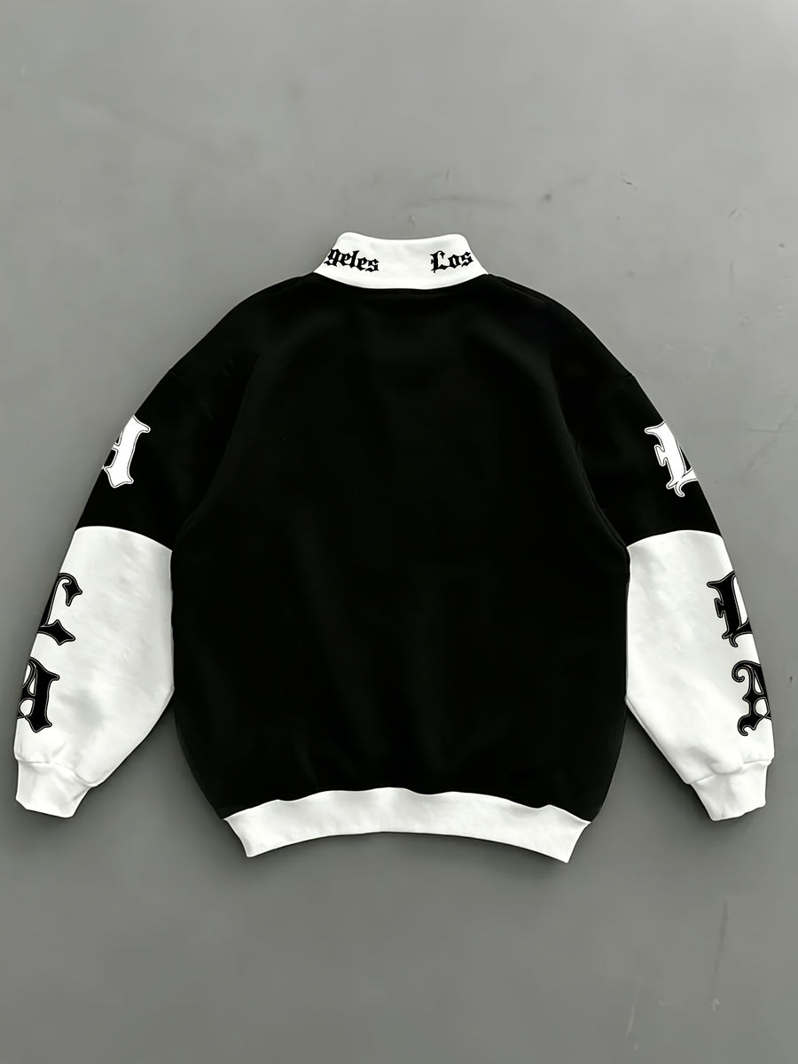 Los Angeles City Theme Print Black And White Contrast Patchwork Zipper Stand-Up Collar Pullover Sweatshirt - Black