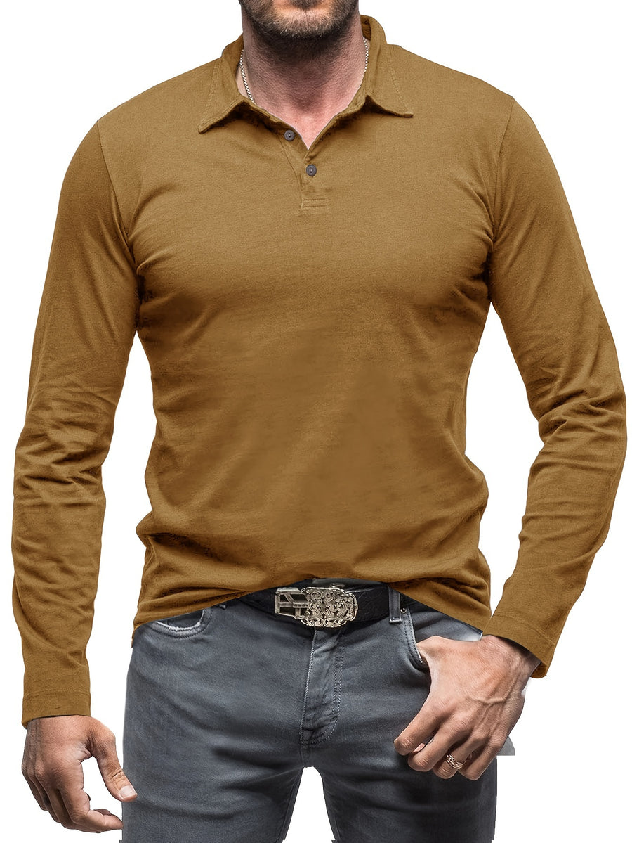 New Style Lapel European And American Style Men'S T-Shirt, Solid Color, Cross-Border Foreign Trade Men'S Long-Sleeve Polo Shirt - Mud Yellow
