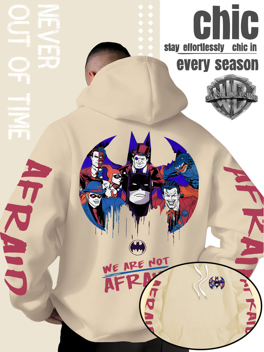Men'S Batman Hooded Sweatshirt, Cool Graphic Print with Hero And Villain Characters, English Slogans And Sleeve Graffiti, Classic Meets American Dark Streetwear, Fall/Winter Comfortable Long Sleeve, Trendy Street Style for Men - Apricot
