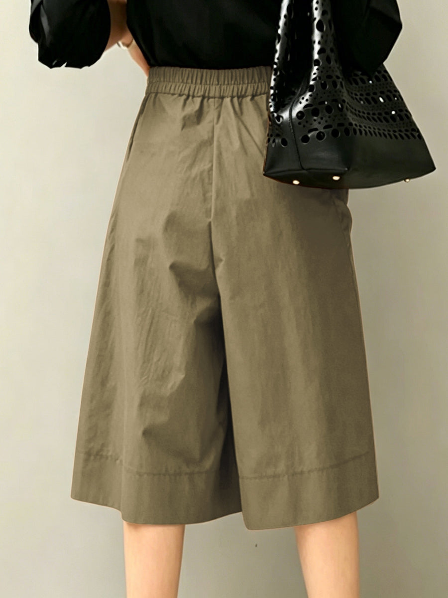 High-Waist Elastic Waist Women'S Capri Wide-Leg Skirt Pants, Side Large Pocket Design, Loose Skirt Silhouette, Breathable Fabric, Summer Casual Wear Choice - Khaki