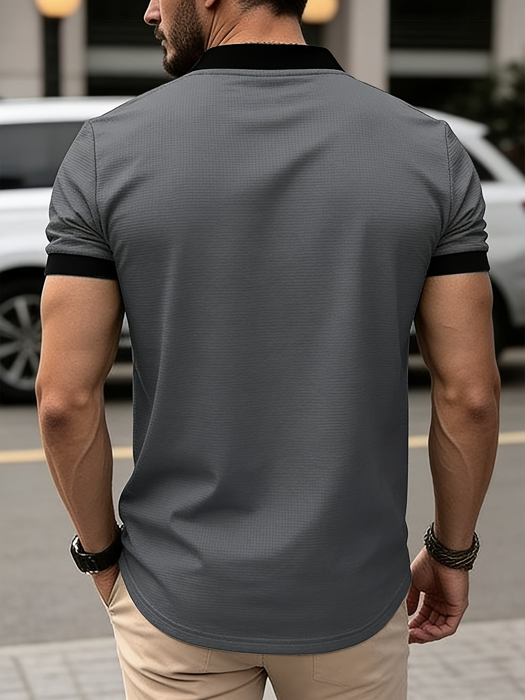 [Printed Design - Not Textured] New Men's Summer British Style Fashion, Simple and Casual. Features a 230g Waffle Knit T-shirt with a Heart-Shaped Neckline and Contrast Colors. Suitable for Daily Outings and Leisure, Part of a Simple - Grey