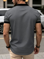 [Printed Design - Not Textured] New Men's Summer British Style Fashion, Simple and Casual. Features a 230g Waffle Knit T-shirt with a Heart-Shaped Neckline and Contrast Colors. Suitable for Daily Outings and Leisure, Part of a Simple - Grey