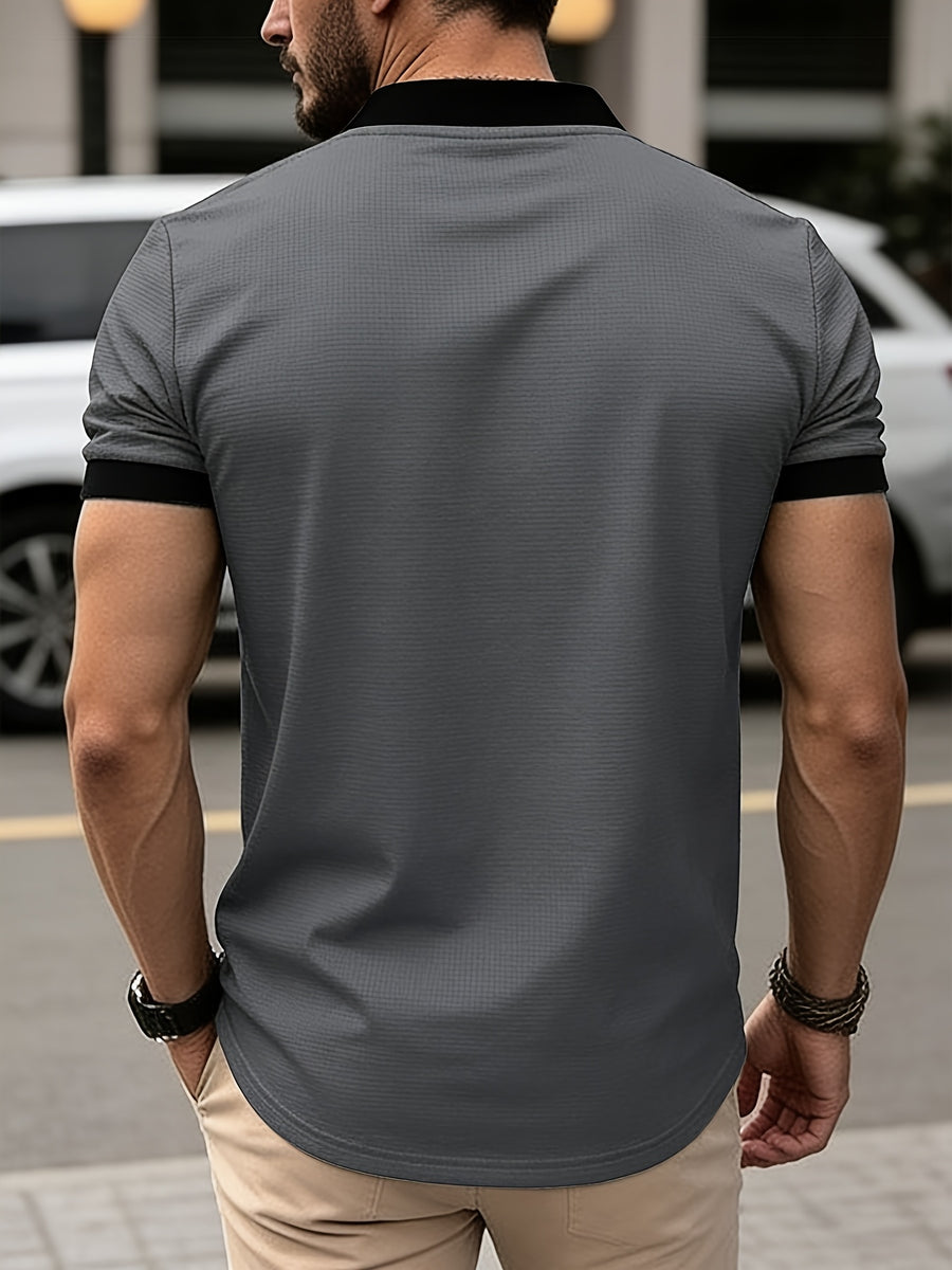 [Printed Design - Not Textured] New Men's Summer British Style Fashion, Simple and Casual. Features a 230g Waffle Knit T-shirt with a Heart-Shaped Neckline and Contrast Colors. Suitable for Daily Outings and Leisure, Part of a Simple - Grey