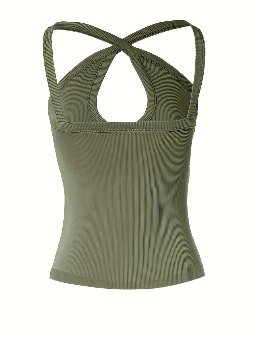 Women's Summer Solid Color Ribbed Fashion Sexy Heart Cut-Out Camisole - Olive Green