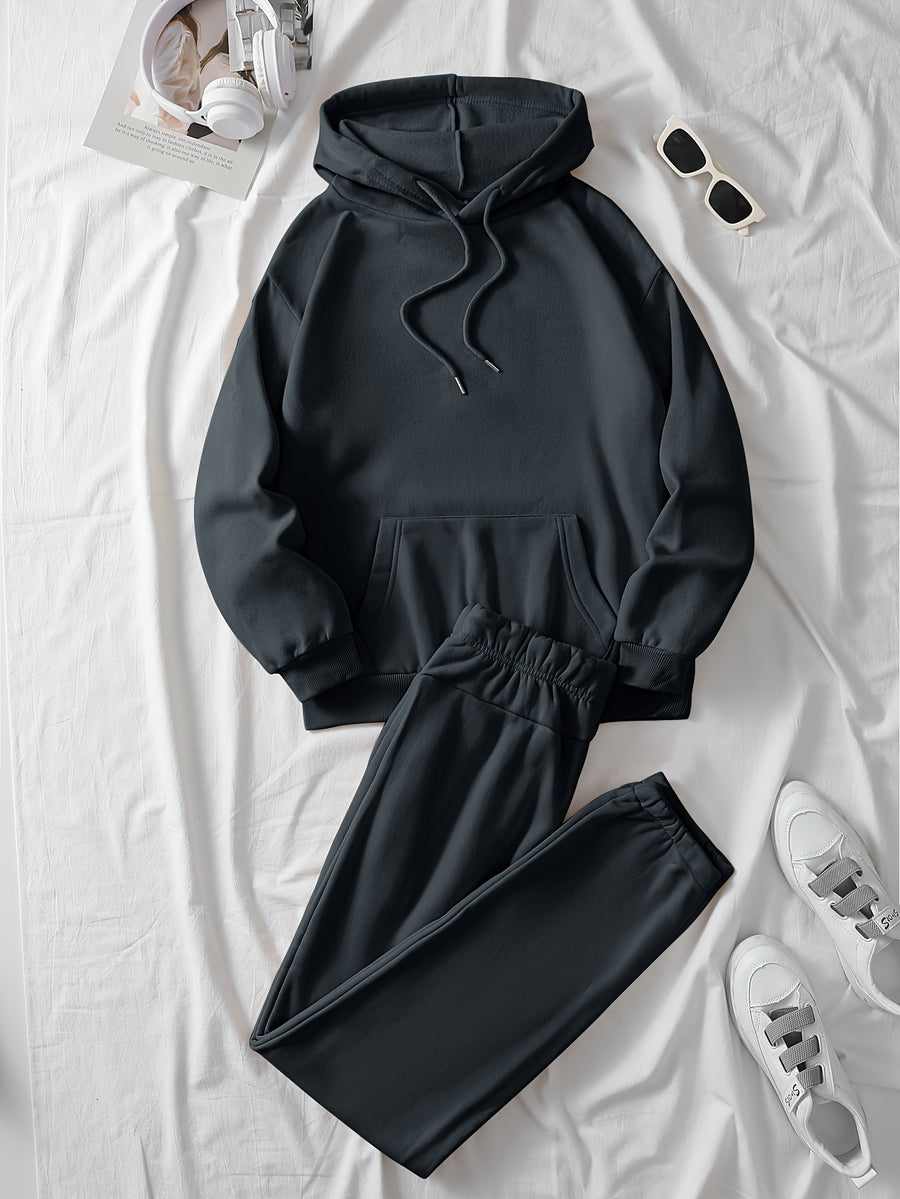 Ladies' Casual Hoodie Set, Spring and Summer S 2pcs Set, Hooded Pullover Sweatshirt, Women's Jacket, Korean Version, Fashionable Pants, Breathable Fabric, Comfortable Touch - Dark Gray