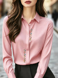Small Floral Print, Exquisite and Elegant Versatile Top for Daily Office Wear, French-style Gentle and Soft Long-sleeve Women's Blouse for Commuting - Pink Color