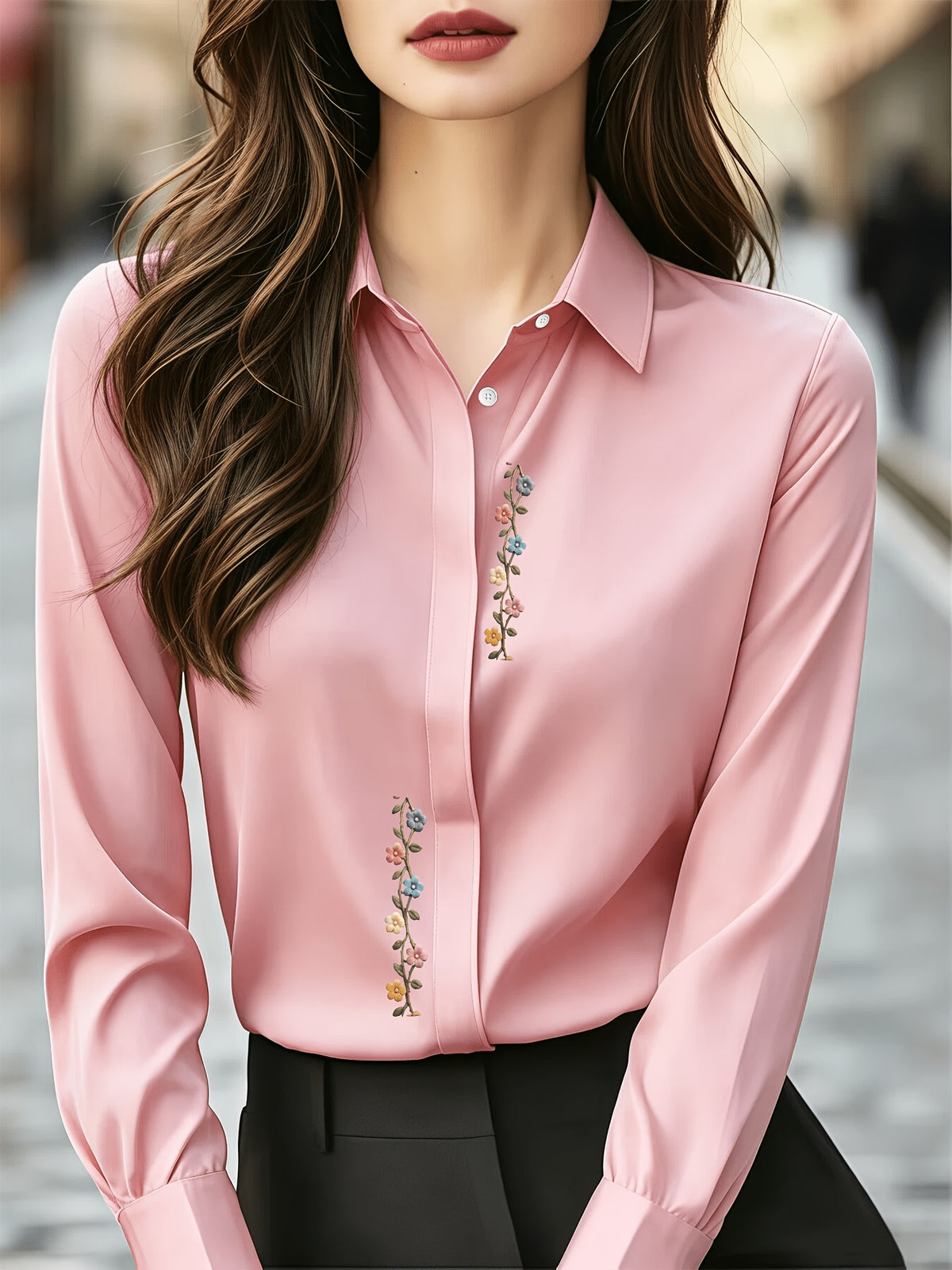 Small Floral Print, Exquisite and Elegant Versatile Top for Daily Office Wear, French-style Gentle and Soft Long-sleeve Women's Blouse for Commuting - Pink Color