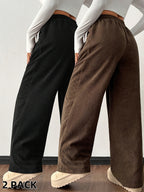 2-Pack Corduroy Wide-Leg Pants for Women, High-Waisted Drawstring Casual Pants with Drape, Black and Brown, Two Pairs NS702 - Dark Brown+Black
