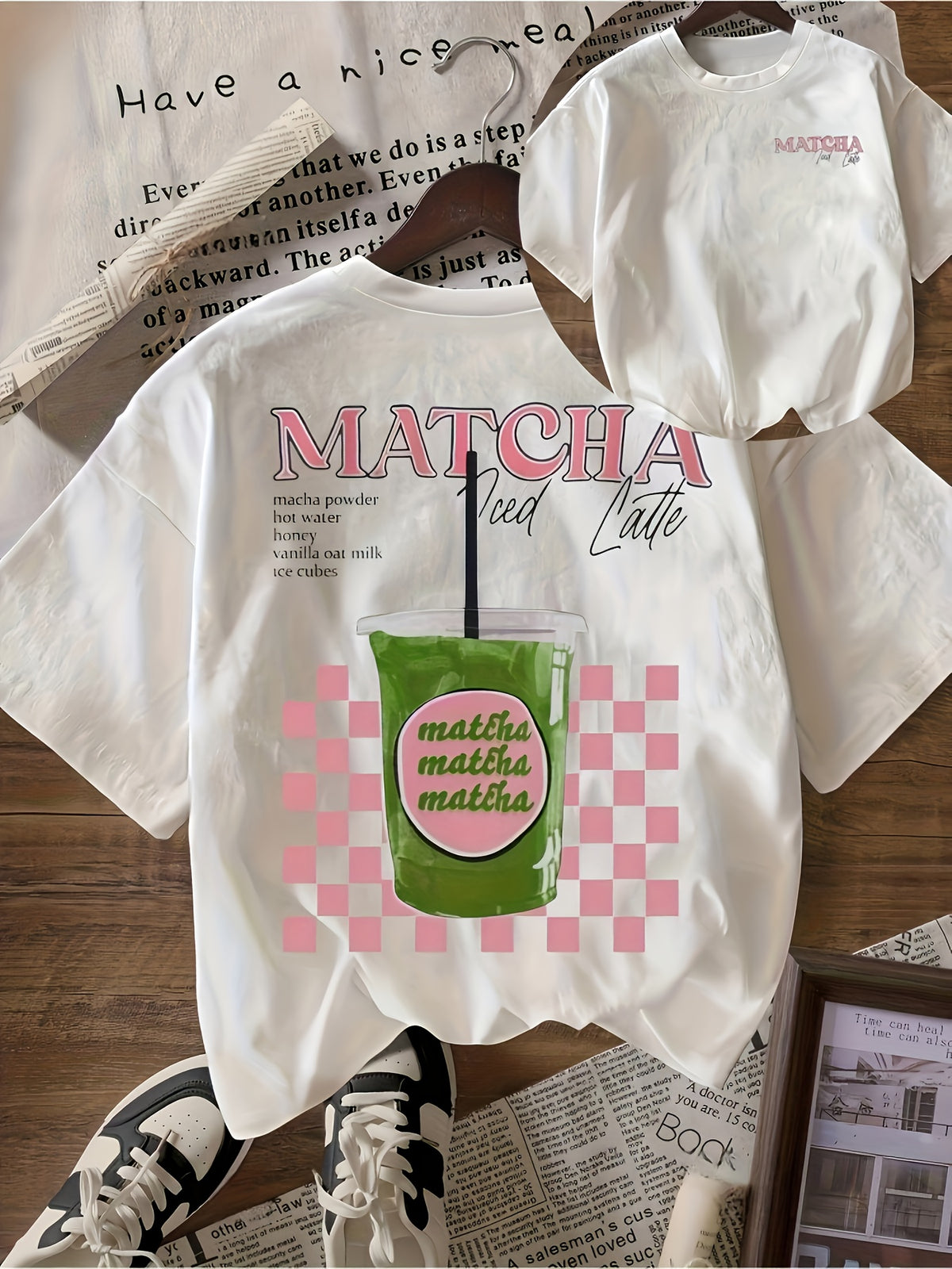 Women's Loose Fit Beverage Letter Graphic Print Sporty Casual Short Sleeve T-Shirt - White