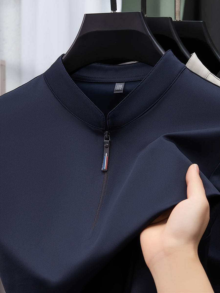 [Josh Mei Obm] Summer Men'S Solid Color Short Sleeve Zipper T-Shirt, Mid-Age Casual Stand-Up Collar Pullover Top - Navy Color