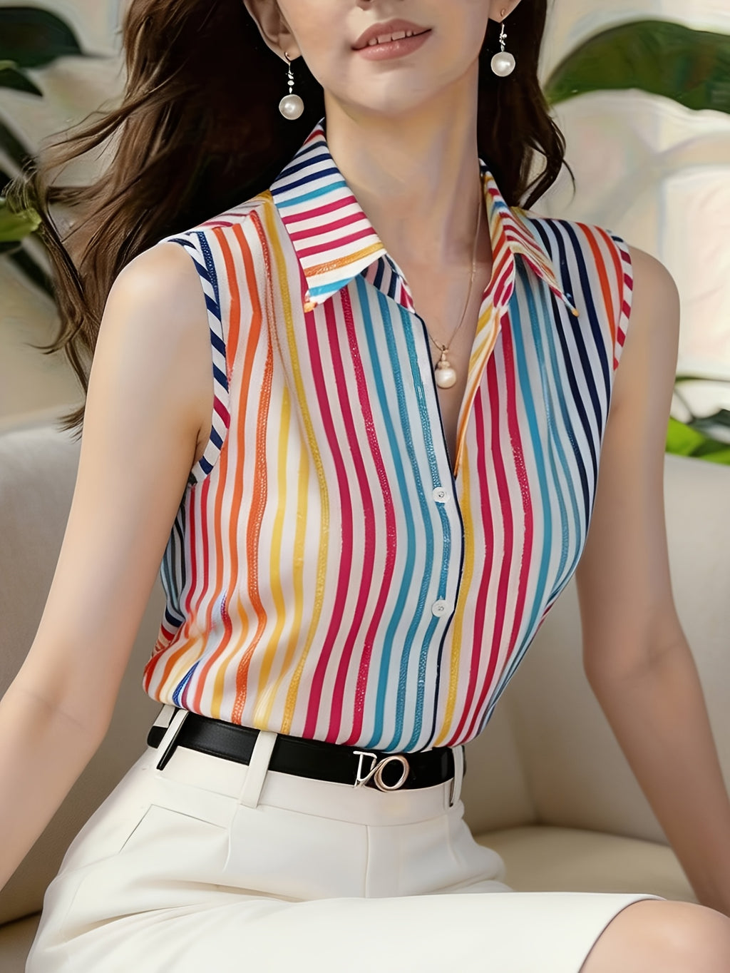 Elegant Women's Striped Sleeveless Blouse, Beach Vacation Shirt, Casual Commuter Style Vest - Stripe