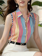Elegant Women's Striped Sleeveless Blouse, Beach Vacation Shirt, Casual Commuter Style Vest - Stripe