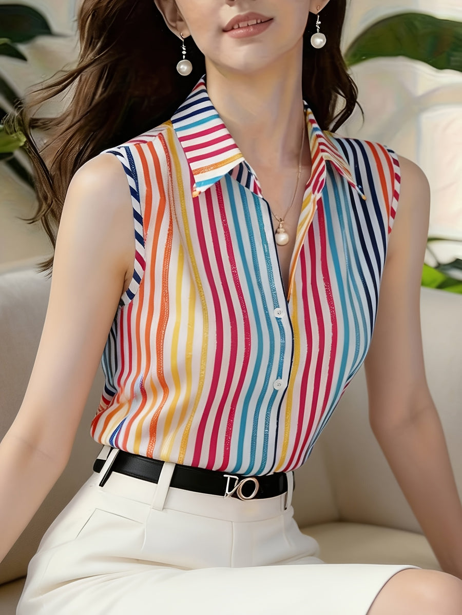Elegant Women's Striped Sleeveless Blouse, Beach Vacation Shirt, Casual Commuter Style Vest - Stripe