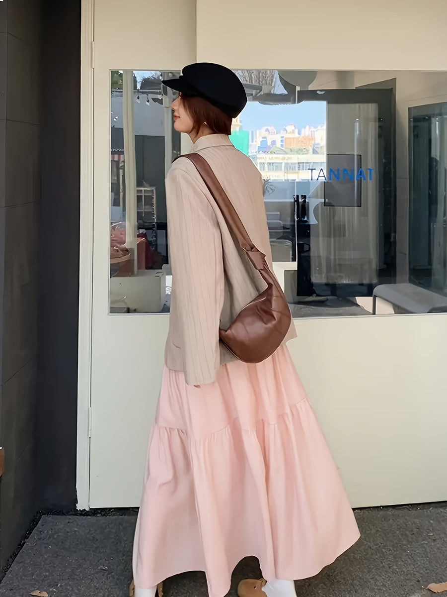 High-Waisted Skirt Elegant Casual A-Line Layered Skirt Spring And Summer Women'S Clothing Sweet Pink Long Pleated Cake Skirt - Pale Pinkish Gray