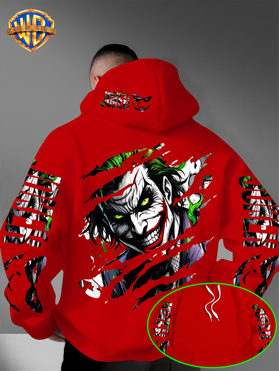 WB Men's Joker Print Hooded - Warner Bros. Official & Iconic Joker Design, Loose Fit Hoodie with Hooded Pullover, Machine Washable Streetwear for Fall/Winter Casual Wear Suitable for Autumn and Winter Warmth - Red