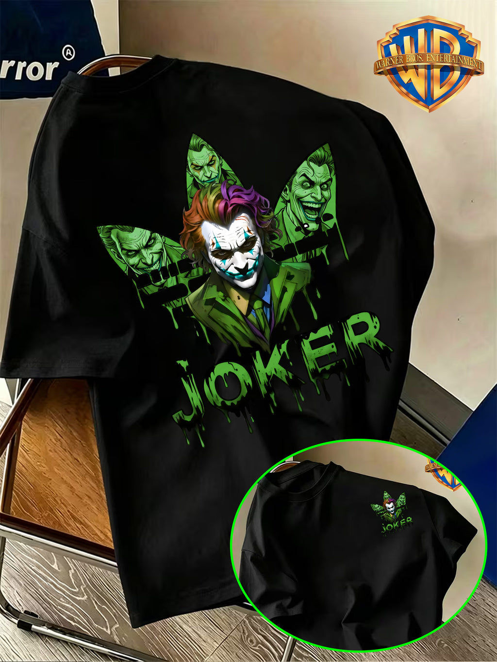 Warner Bros. Official Western Movie Character Trendy Green JOKER Clown Print T-Shirt, American Retro Casual Short Sleeve, Men'S Casual Comfortable Multi-Functional Loose Summer Short Sleeve T-Shirt, Suitable for Outdoor Wear, Gym - Black