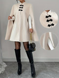 Elegant and Graceful Stand-up Collar Contrasting Color Chinese Style Button Cape Shawl Ladies Autumn and Winter Thick Coat - Apricot