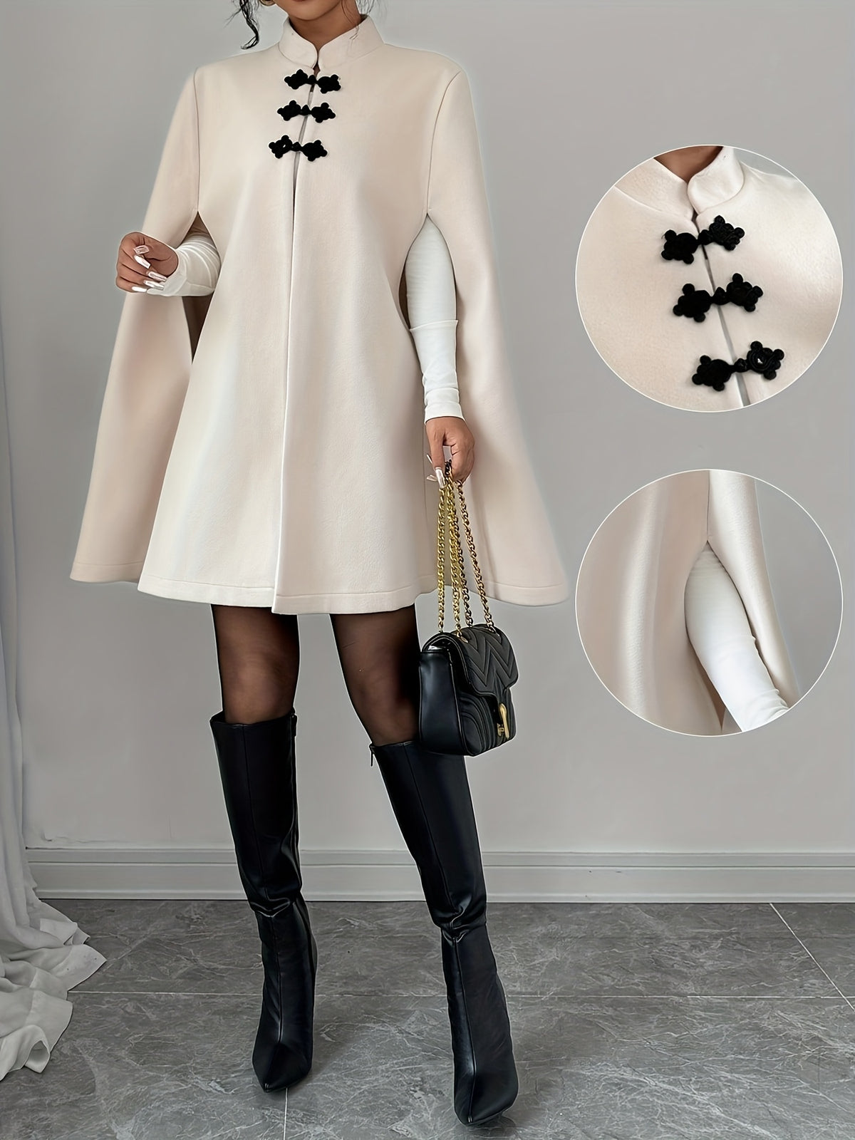 Elegant and Graceful Stand-up Collar Contrasting Color Chinese Style Button Cape Shawl Ladies Autumn and Winter Thick Coat - Apricot