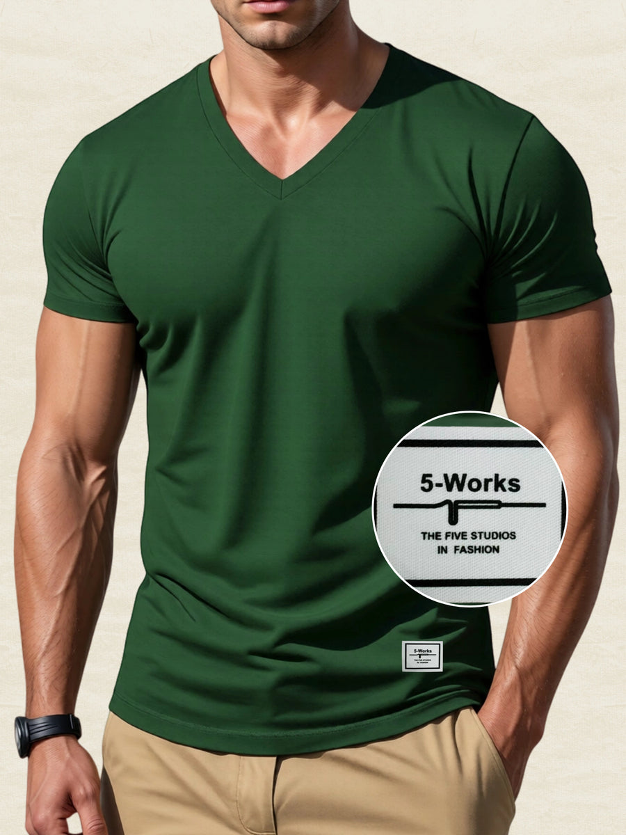 180g 100% Men's V-Neck Short-Sleeve Top, Casual T-Shirt, Solid Color Base Layer, "5-work" Summer All-Season Base Layer, Factory-Made for Men, Comfortable, High Quality, High Fit Rate, Casual Sportswear - Green