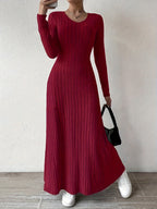 Women's Elegant V-Neck Long Sleeve A-Line Dress - Solid Color Machine Washable Fall Dress with Flattering Silhouette, Versatile for Casual & Formal Occasions, Long Sleeve Maxi Dress, Comfortable Fit - Burgundy