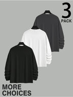 Men'S Long Sleeve T-Shirt - 3pcs Loose Round Neck Basic Long Sleeve Set, No Print Minimalist Design for Versatile Styling, Relaxed Fit with High Inclusivity, Flexible Fabric for Comfortable Casual Wear, Suitable for Home Leisure, City Strolls - Mixed colors