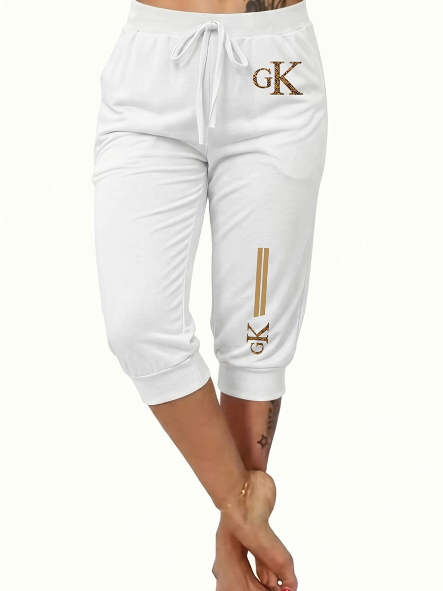 Summer Women'S Golden Geometric Pattern Letter Print Ankle-Cinching Sweatpants, High-Waist Drawstring Casual Bermuda Shorts - White